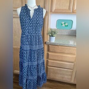 Sleeveless Navy Floral 100% Cotton Tiered Maxi Dress